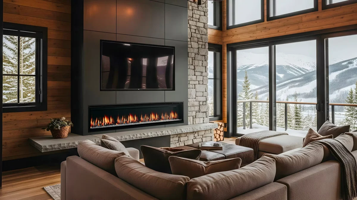 SimpliFire Allusion Edge electric fireplace installed in a mountain cabin living room with stone wall