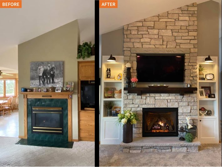 old and new fireplace for before and after transformation
