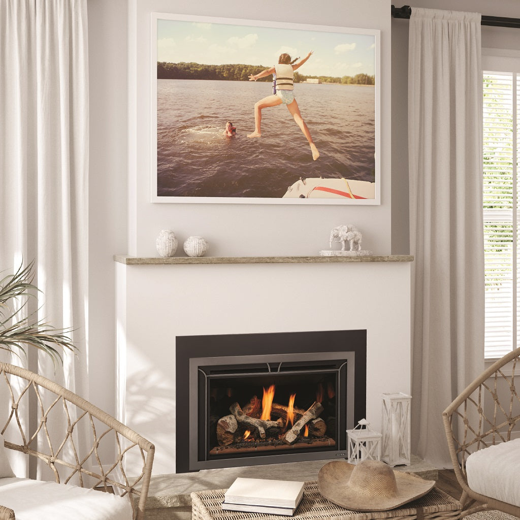 beautiful gas insert with white brick