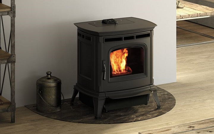 a small pellet burning stove in living room