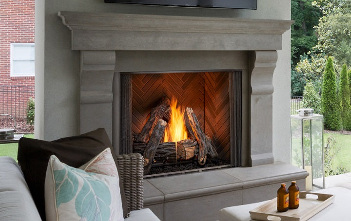 outdoor fireplace in backyard and patio