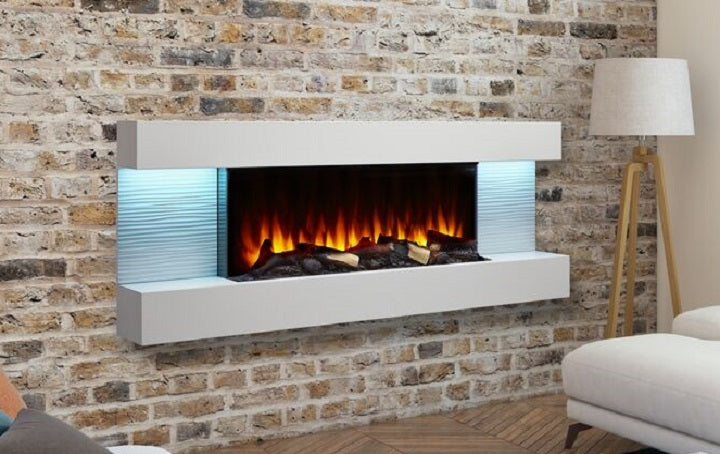 electric fireplace in living room with brick wall couch and lamp