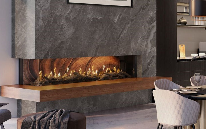 a built-in modern gas fireplace with ledge and stone