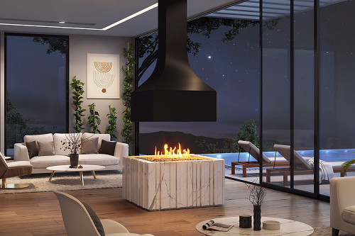 custom square gas fireplace in living room with pool