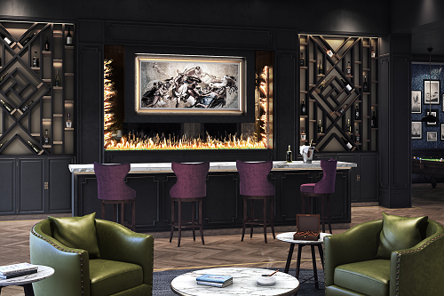 u-shape gas fireplace purple chairs green chairs lobby bar hotel