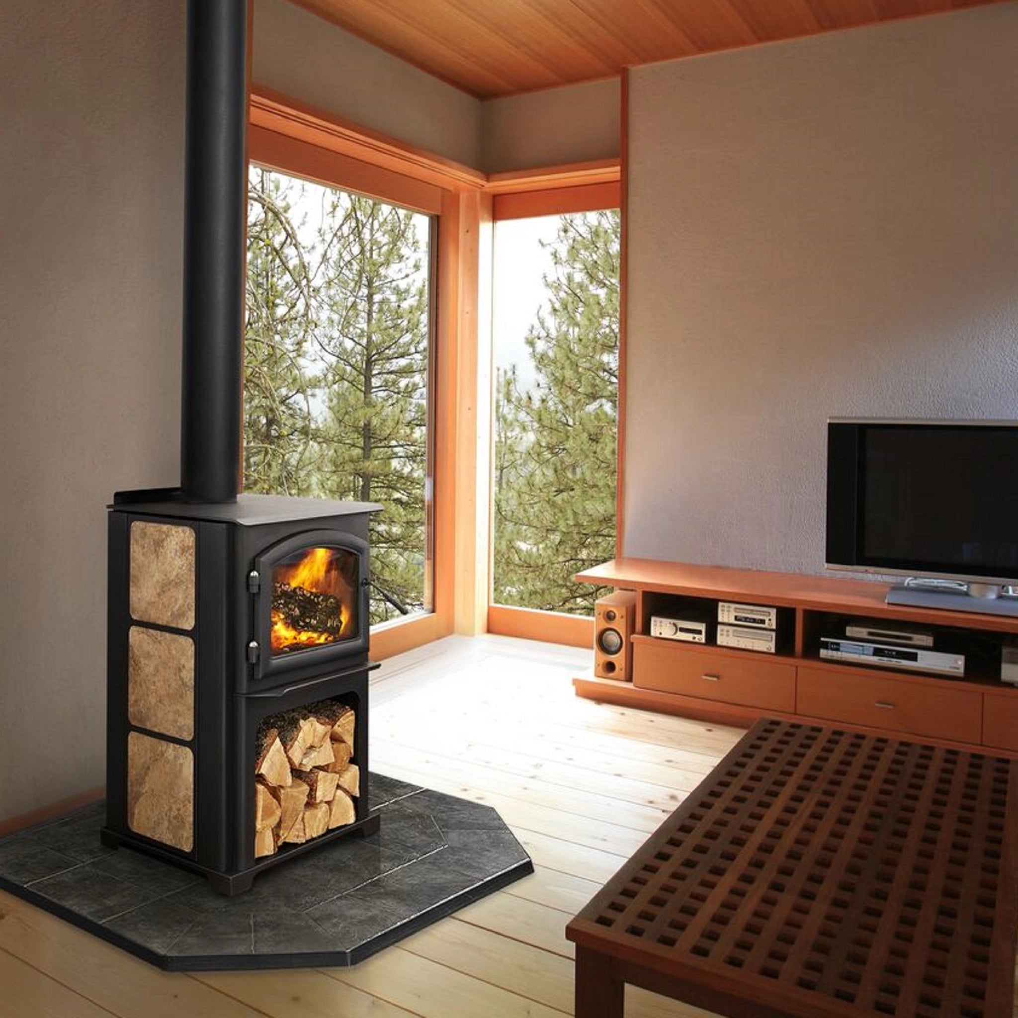 Living Room Tiny House Pellet Stove Quadra-Fire Discovery I Wood