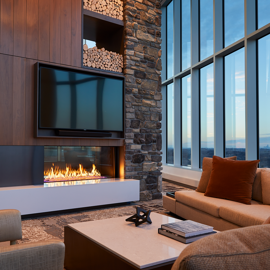 stellar see through gas fireplace in hotel lobby with tv and large windows fireside hearth and home